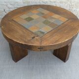 Coffee table, round, pine and sandstone tiles