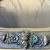 Cadre photo géant antique v argenté et bleu, peint à la main en noir et blanc, portrait antique d'une dame avec verre à bulles convexe cadre 53 cm x 35 cm