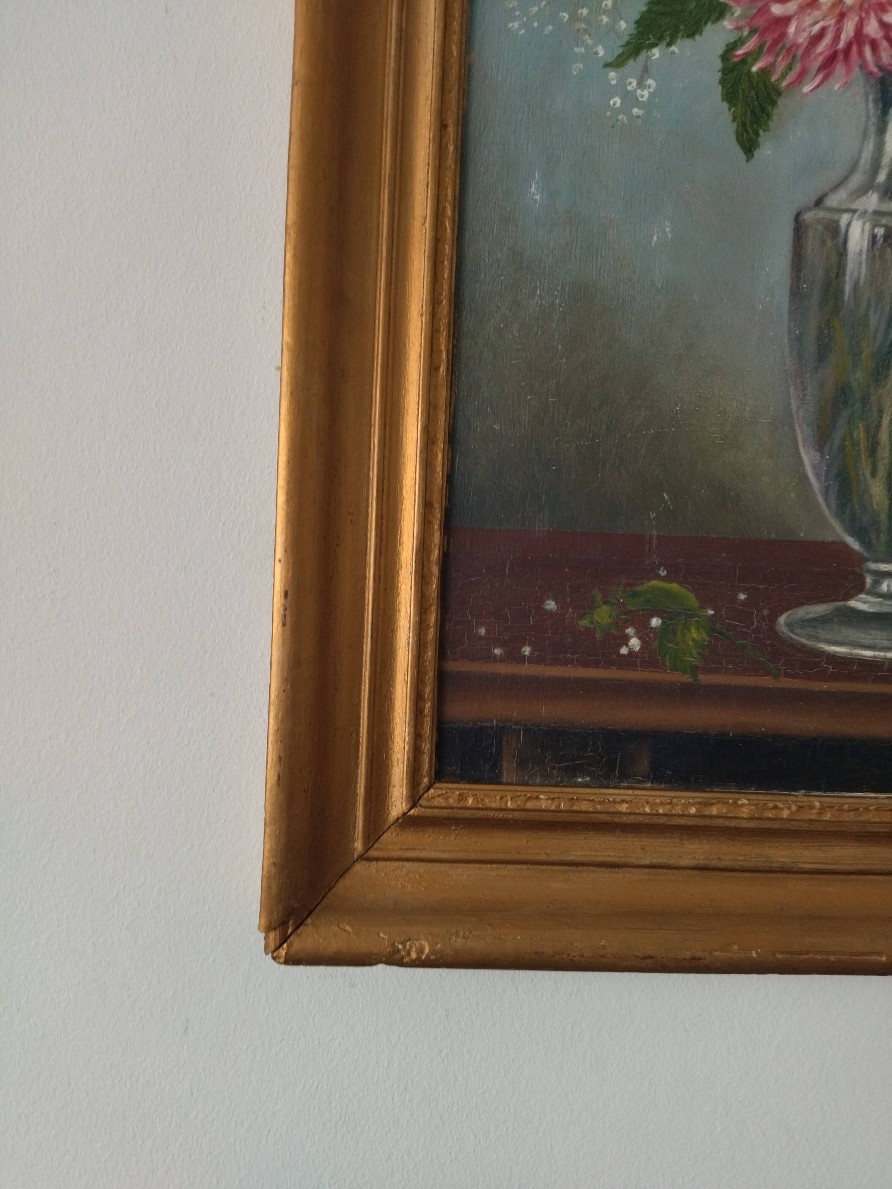 Old panel painting - Kitten and Flowers - Signed Léon Chevalier
