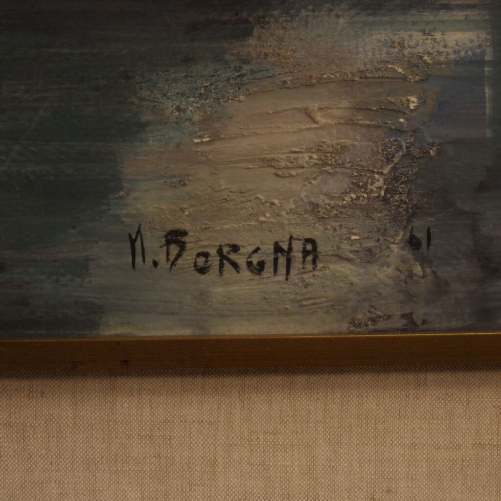 Italian painting signed harbor view with boats from 20th century