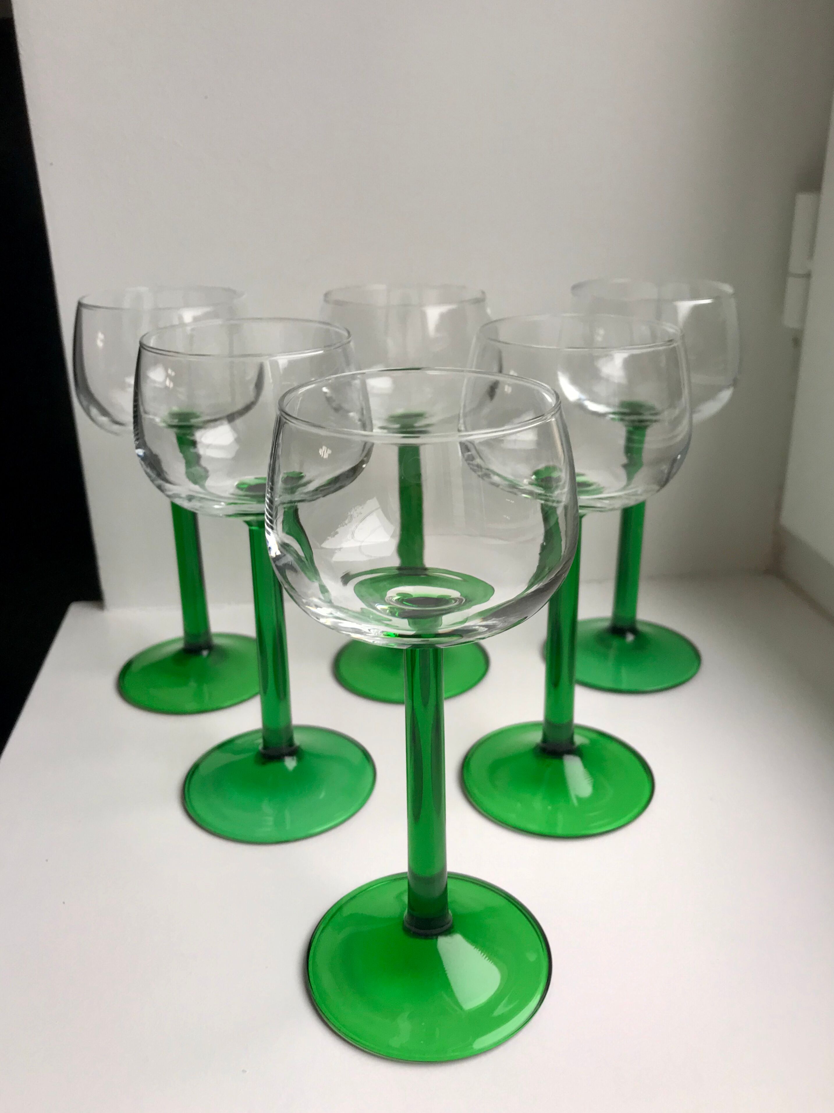 Set of 6 green white wine glasses made in France 60s-70s