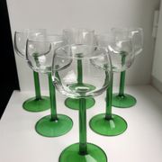 Set of 6 green white wine glasses made in France 60s-70s