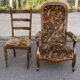 Vintage chair in carved solid wood and velvet fabric.