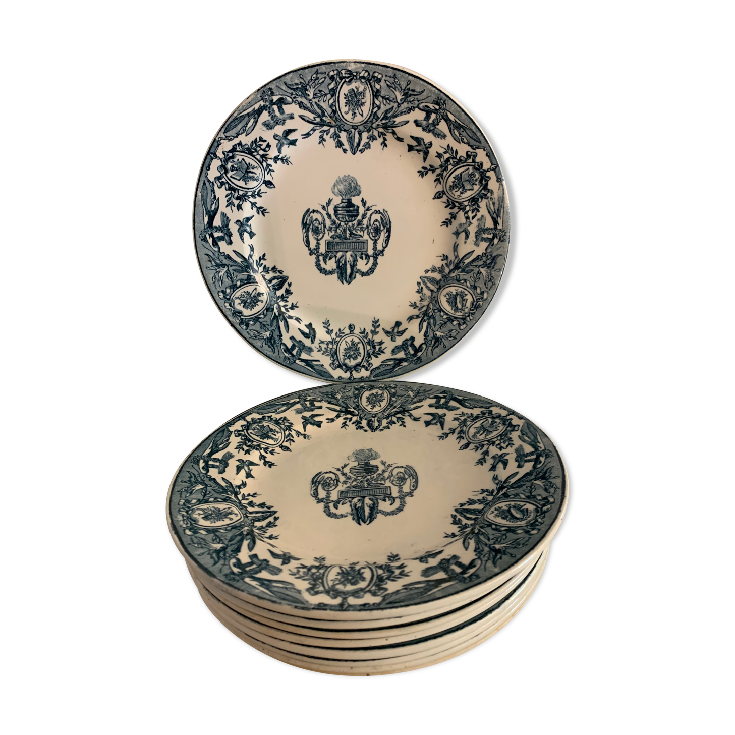 10 plates in old blue earthenware Terre de Fer Léon Graves model Louis XVI 20th century