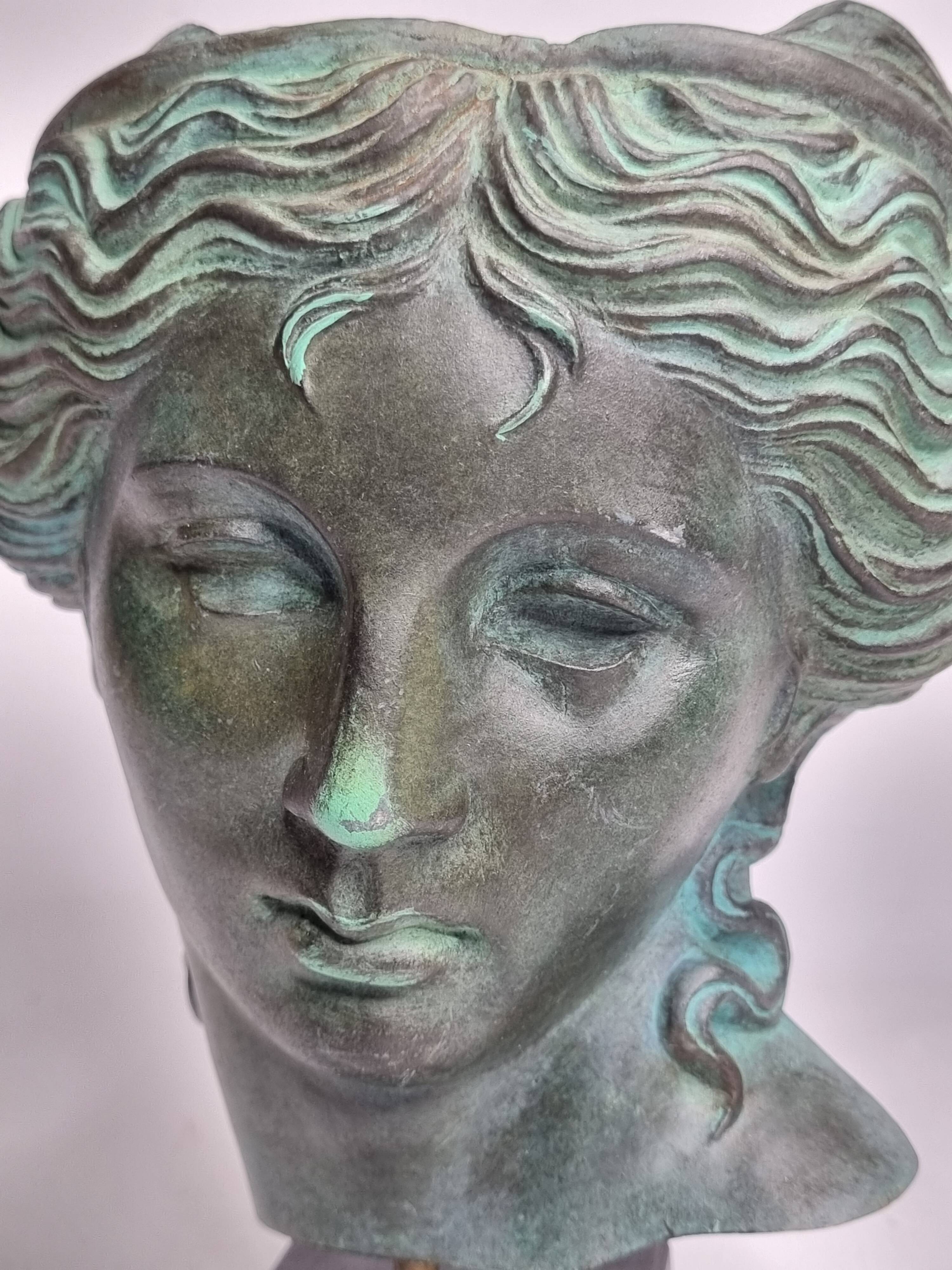 Antique style statue head, verdigris patina, signed Art Team, H 20 cm