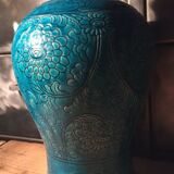 Vase grès émaillé bleu turquoise décor floral
