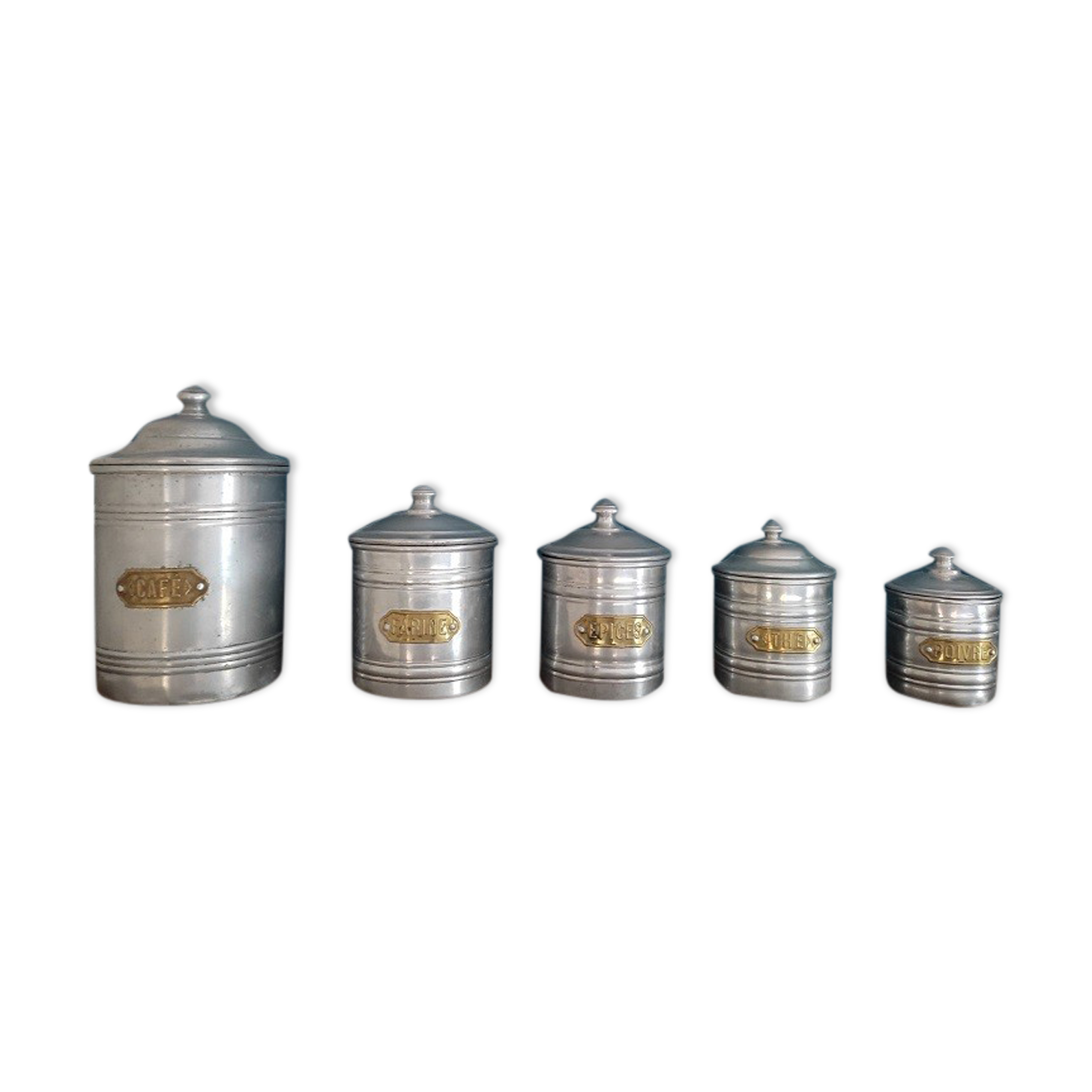 Spice pot boxes Trundle Aluminum Brass set of 5 Old vintage