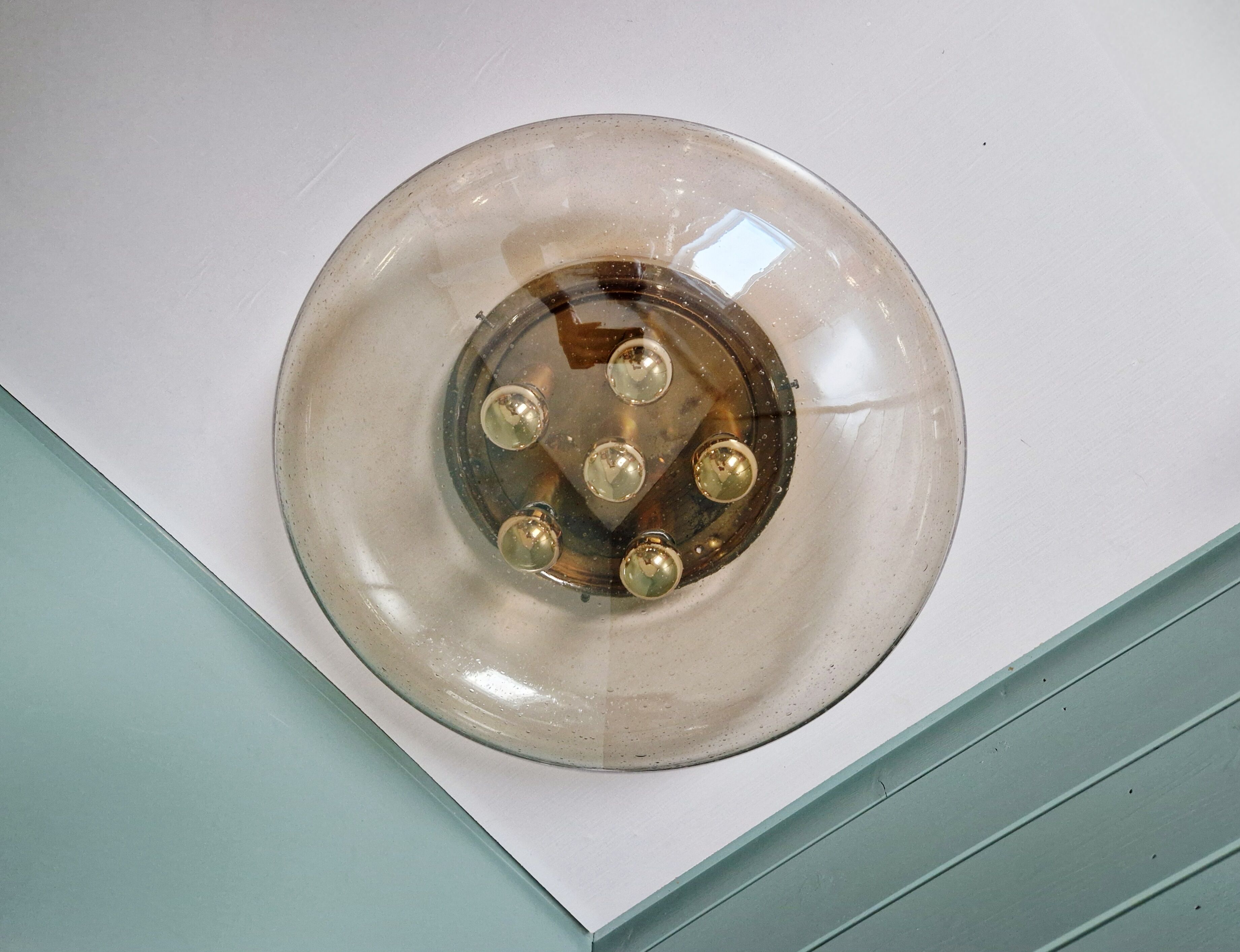 Large ceiling light in brass and blown bubble glass, Glasshütte Limburg, 1970.