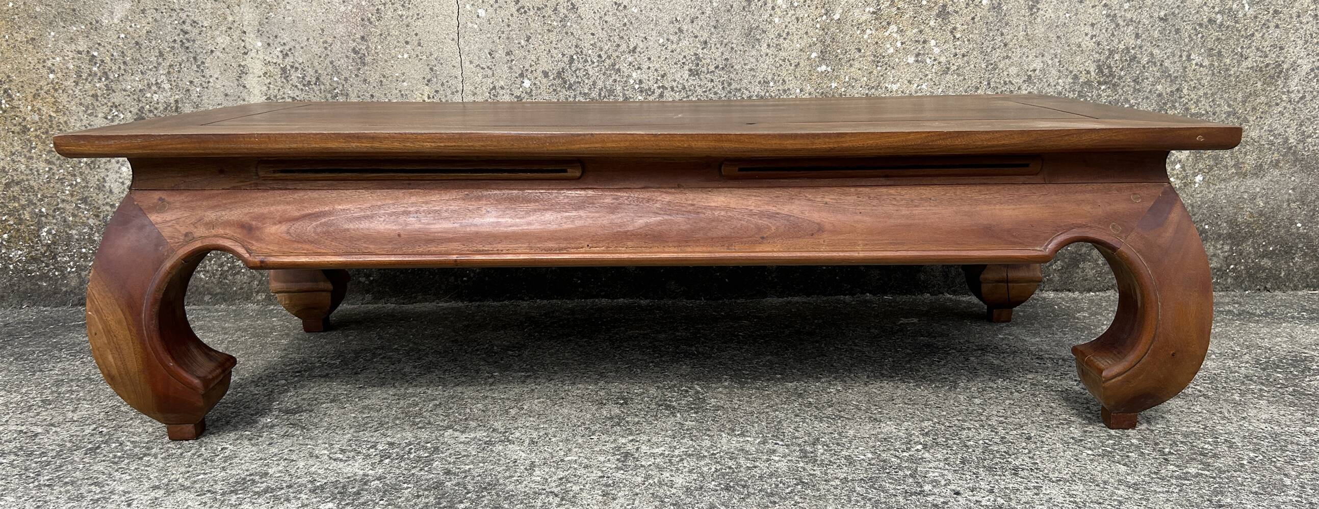 Large solid teak opium coffee table, elephant legs