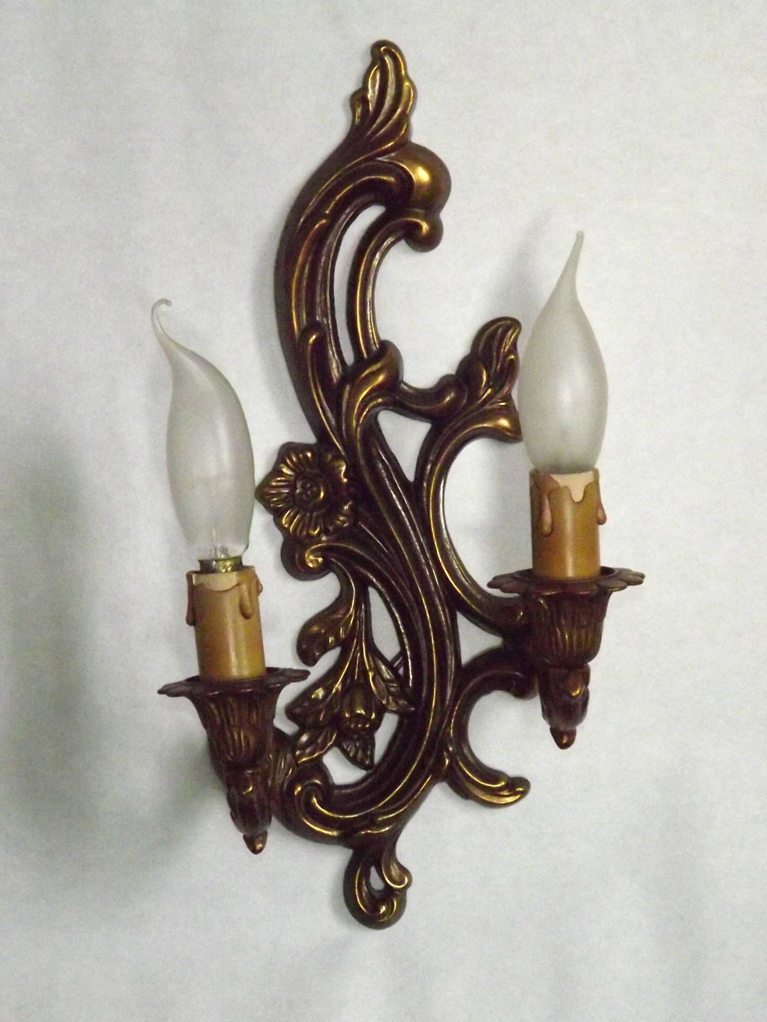 Pair Vintage French Bronze Double Wall Lights Acanthus Leaf & Flower Detail