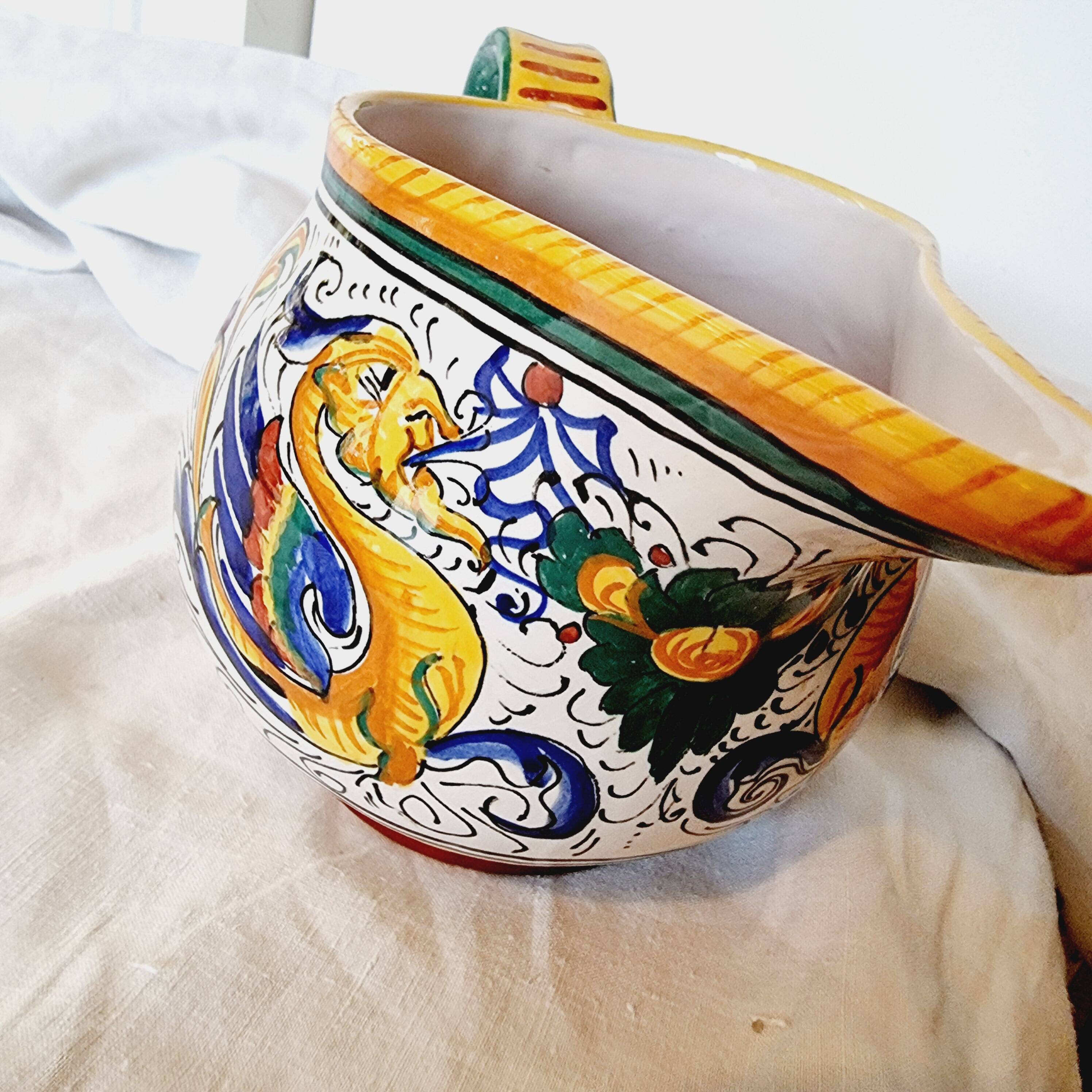 Majolica ceramic jug by R. Deruta, Italy, hand-painted, with a long spout.  Decorated with a dragon tree