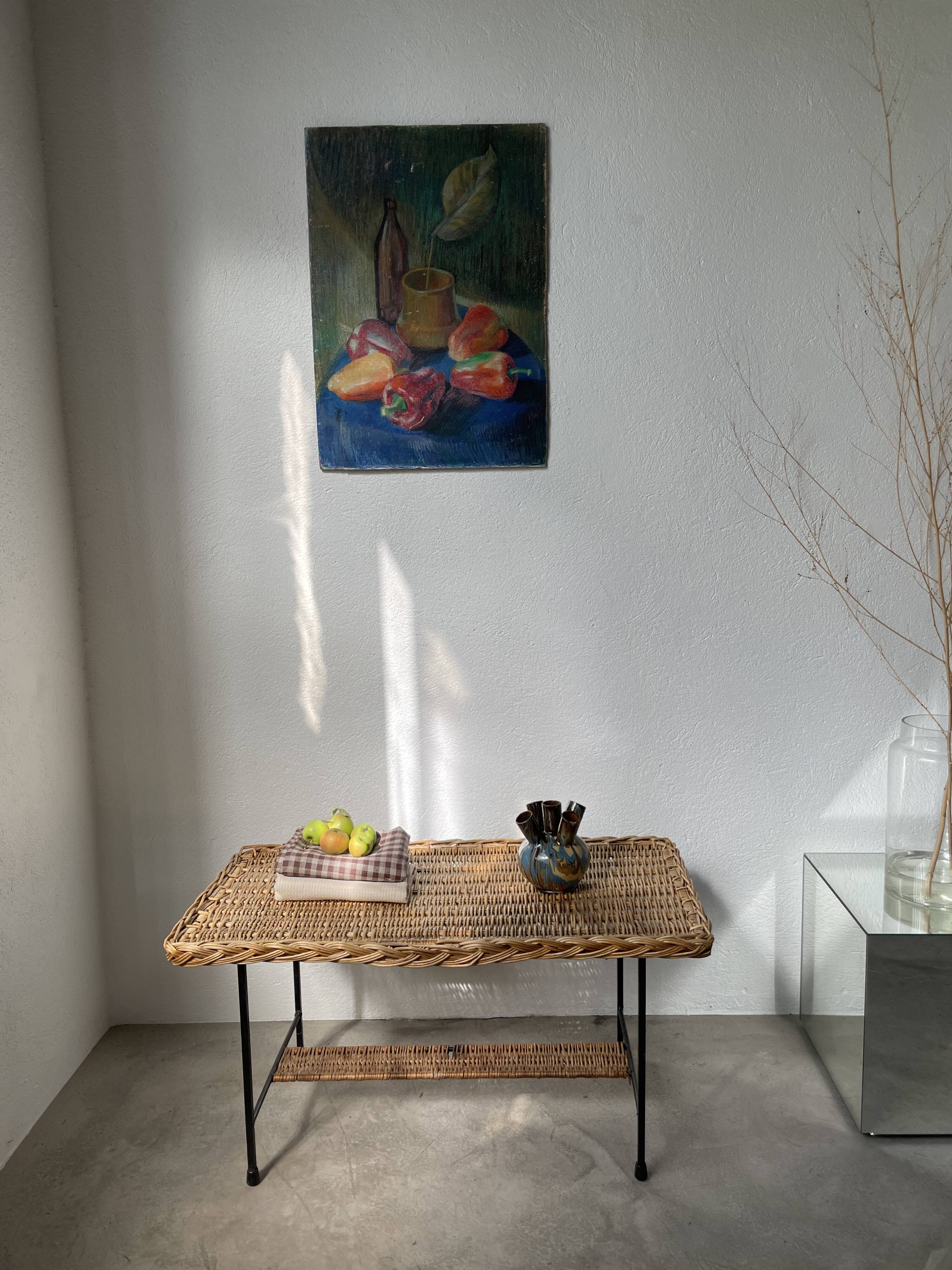 Woven wicker and metal coffee table 1960