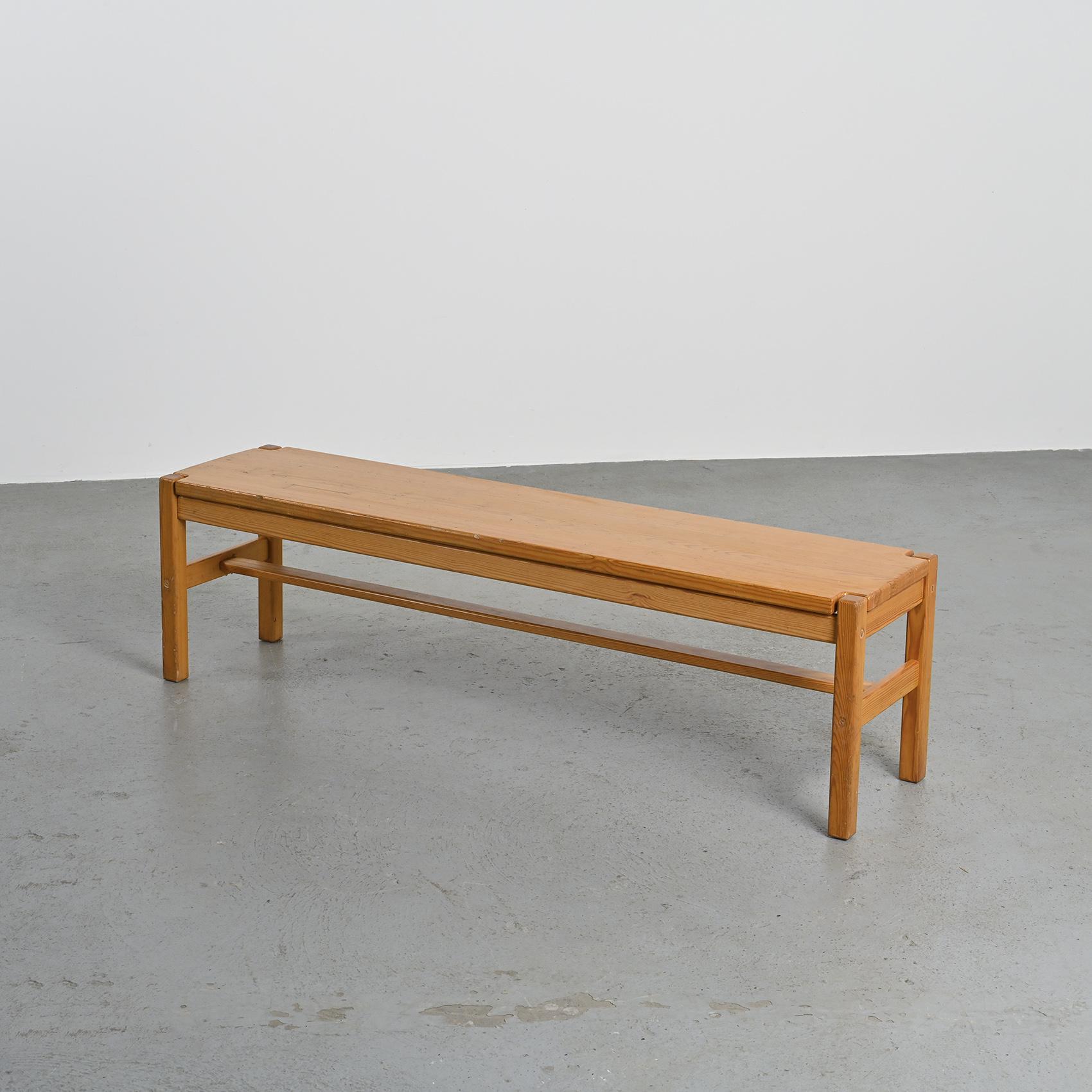 Table and two benches set in solid elm, France, circa 1980