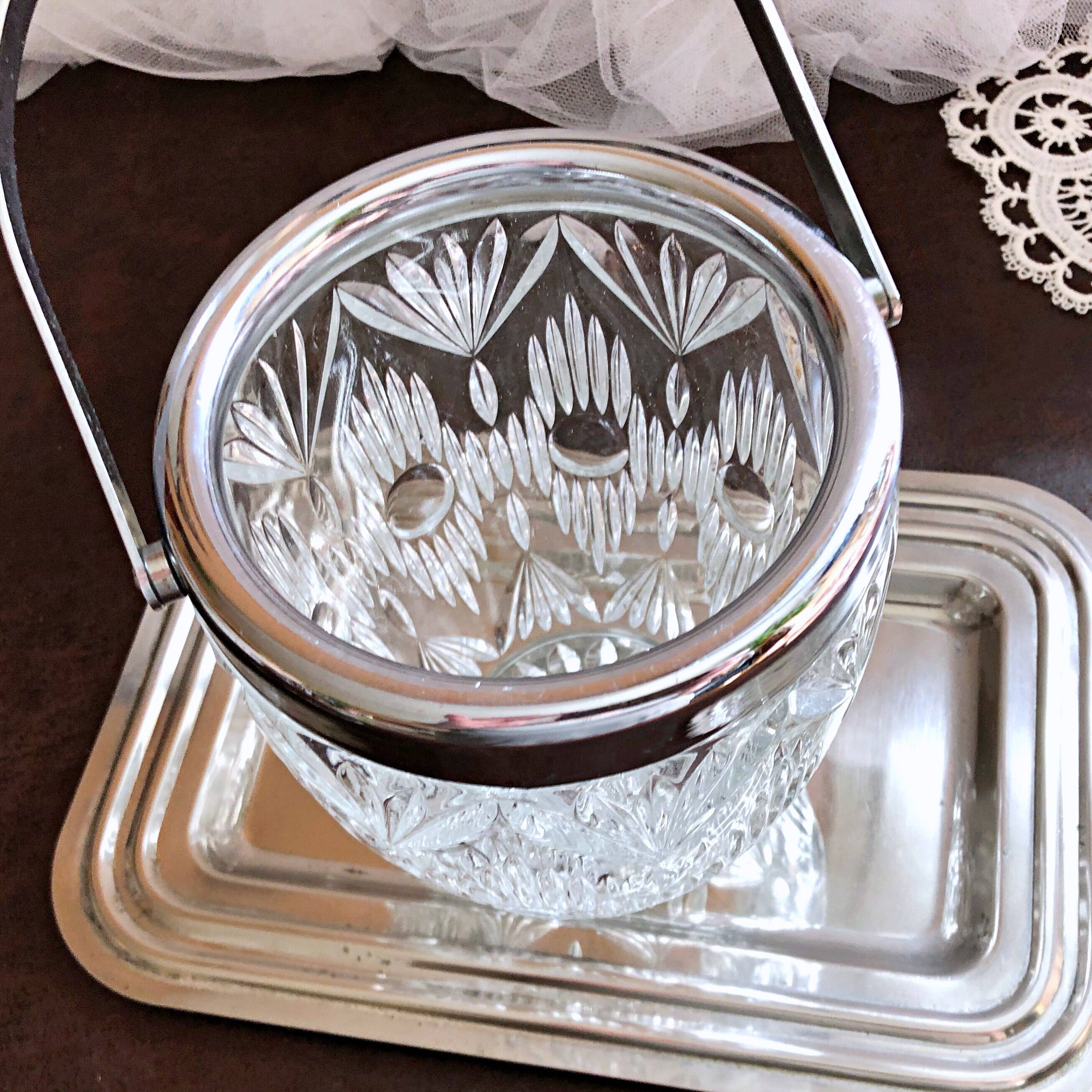 Seau à glace verre cristallin texturé avec pince à glaçons