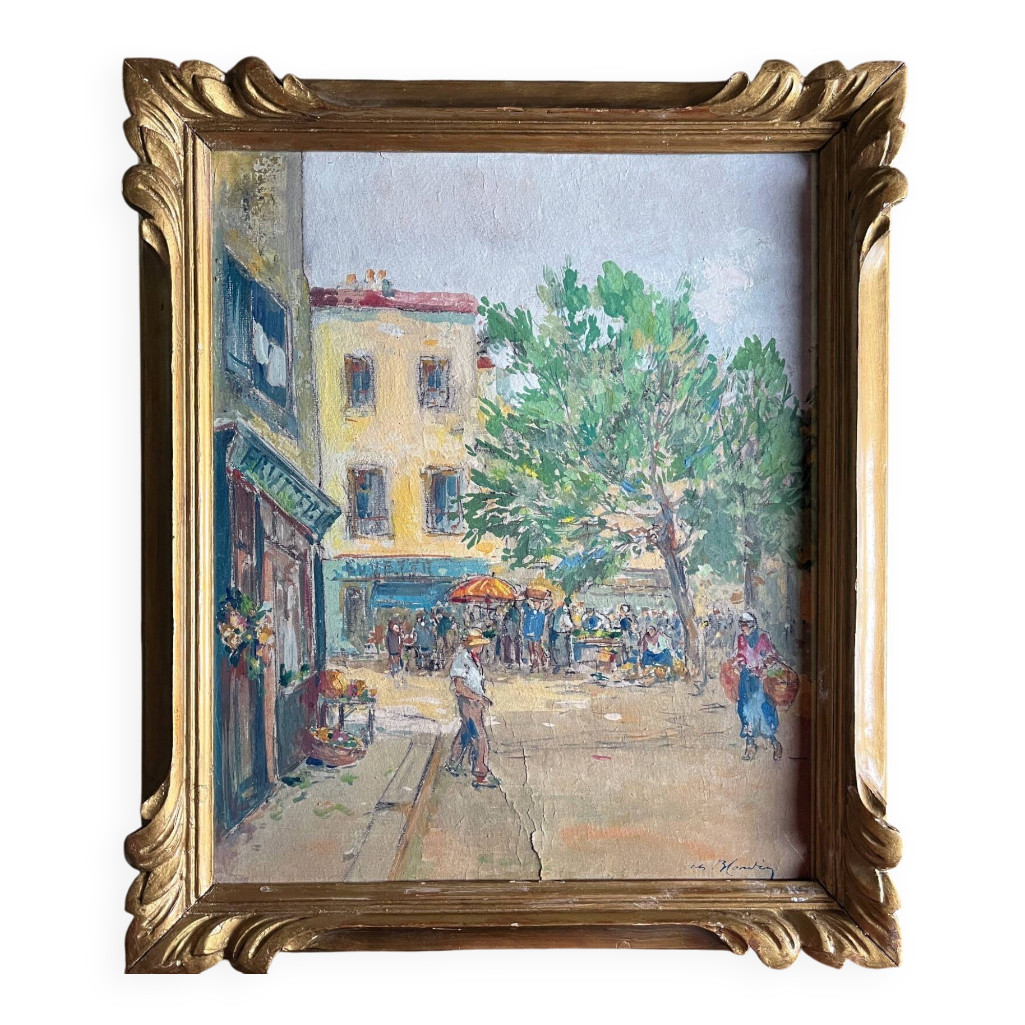 Sunny terrace table on market day signed (Ch. Blondel?)