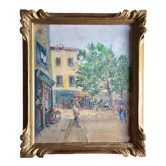 Tableau terrasse ensoleillée un jour de marché signé
