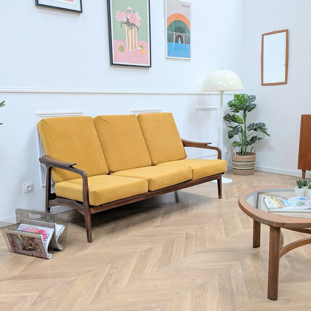 Second-hand Danish teak canapé, reupholstered in yellow, 1960s.