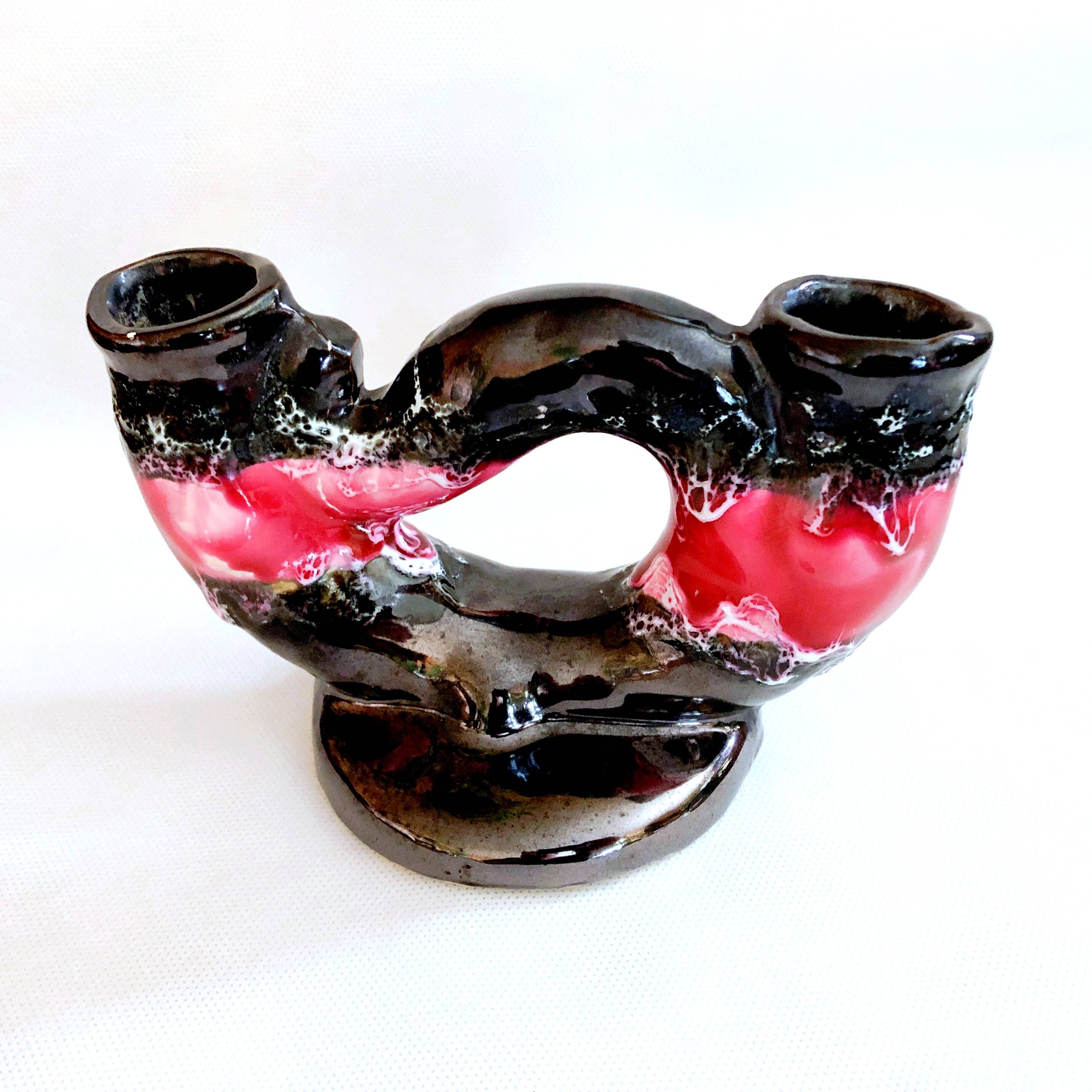 Vintage artisanal two-tone earthenware candle holder Vallauris France