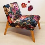 Restored armchair in varnished wood and fabric