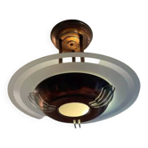 Lustre moderniste vintage à ailettes cuivre et verre sablé, France art déco
