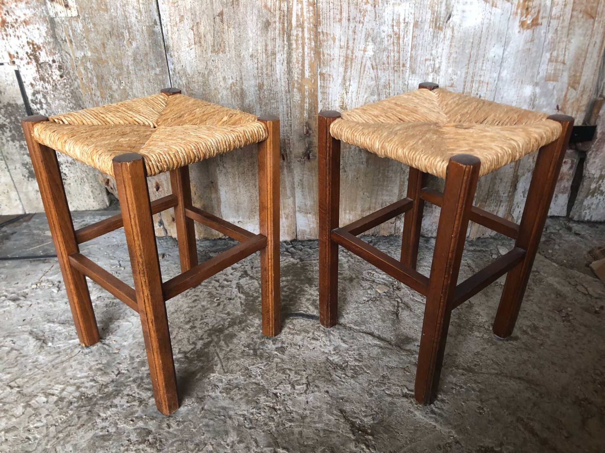 Pair of Old Carved Wood Stool + Vintage Straw Seat #A630
