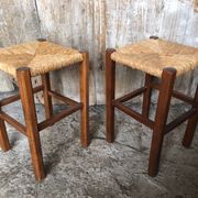 Pair of Old Carved Wood Stool + Vintage Straw Seat #A630