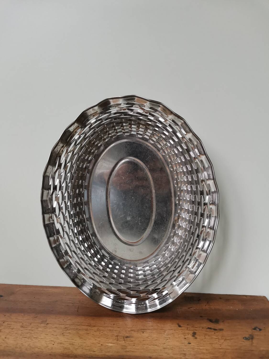 Vintage stainless steel bread basket expanded metal France