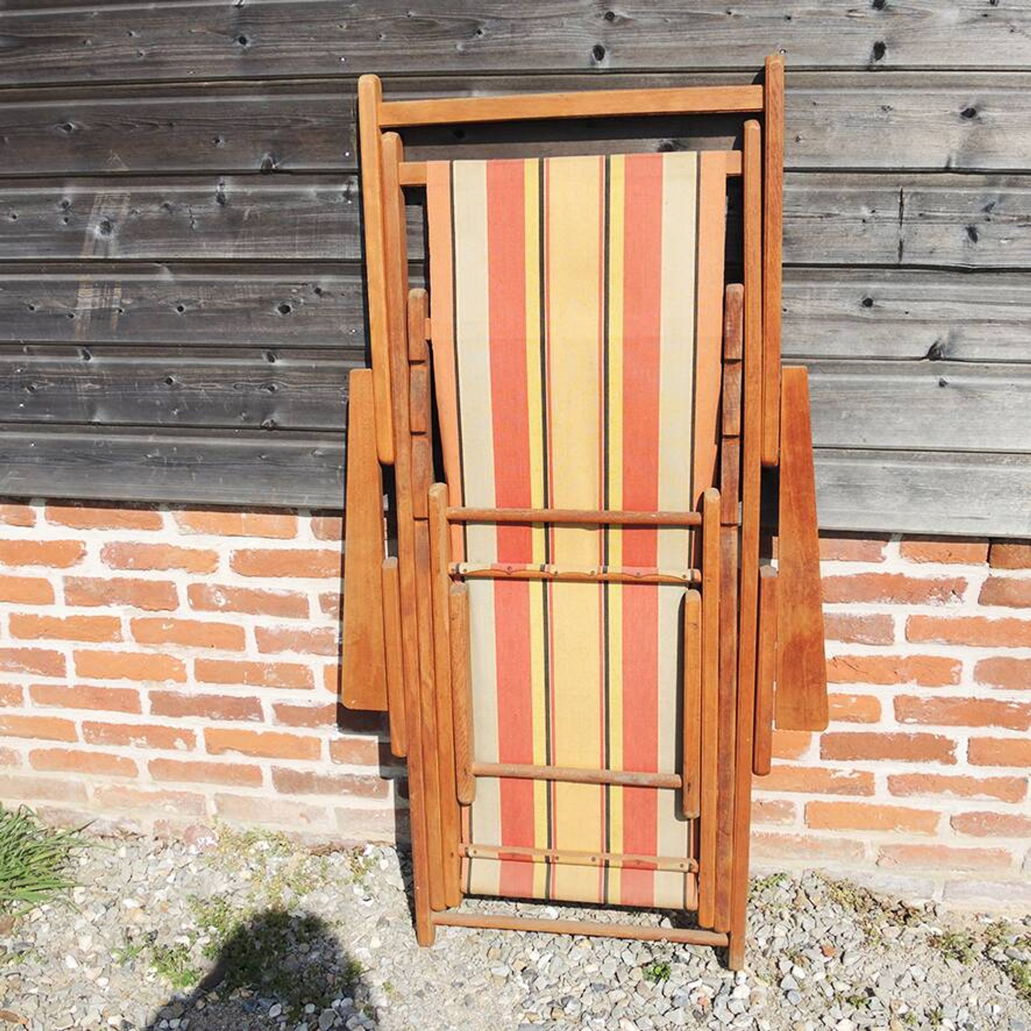 Old Wooden and Bayadere Canvas Deckchair