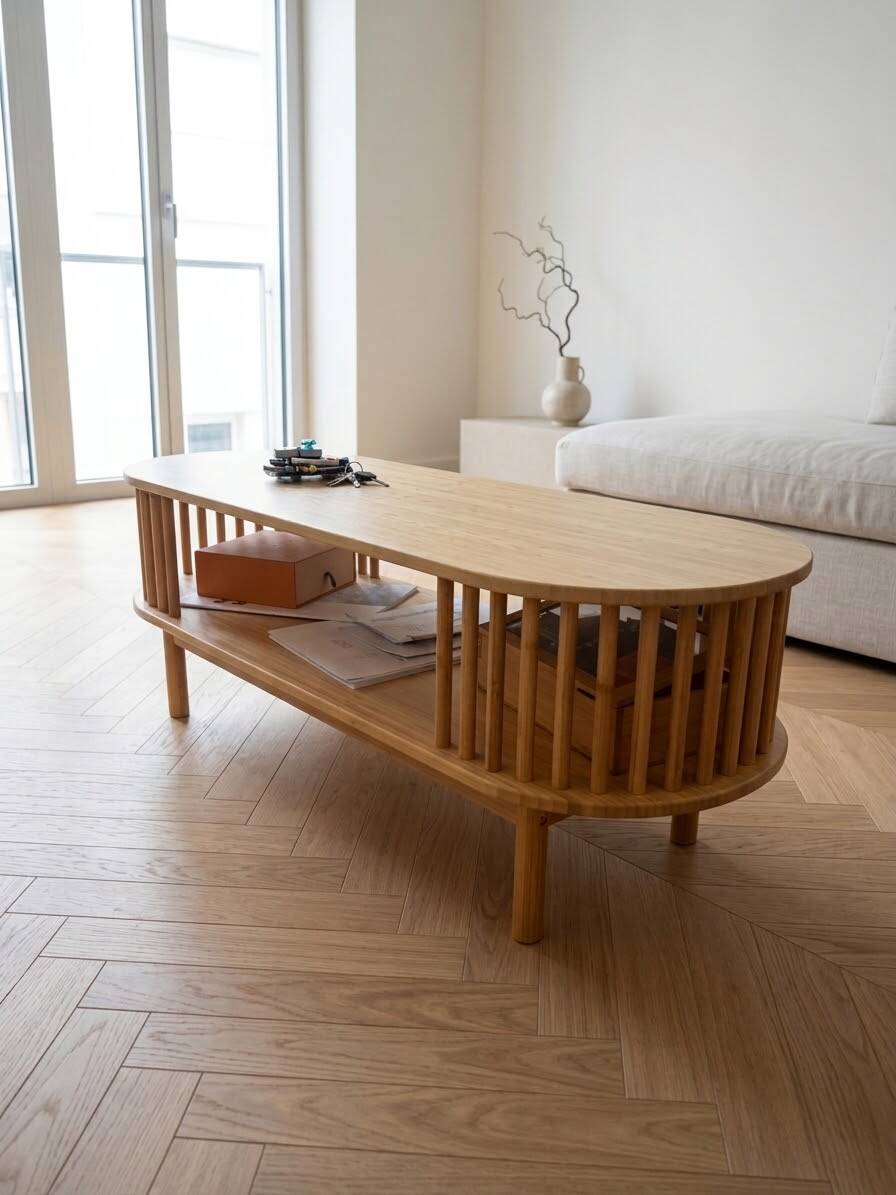Oval bamboo coffee table - Japandi / Scandinavian design - 2 beige tops