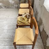 Set of 4 elm straw chairs from the 50s