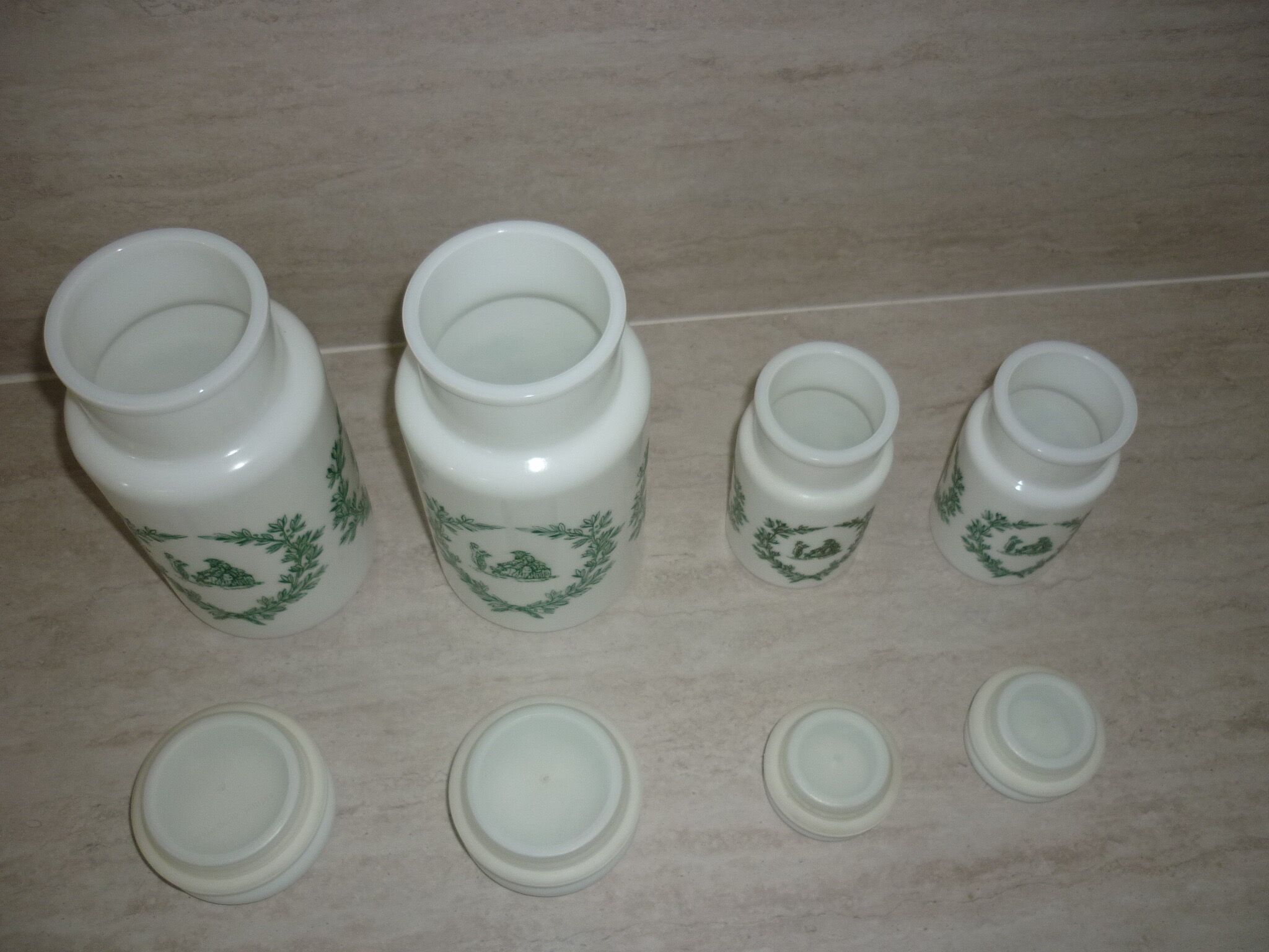 Set of 4 glass jars opal from italy white and green