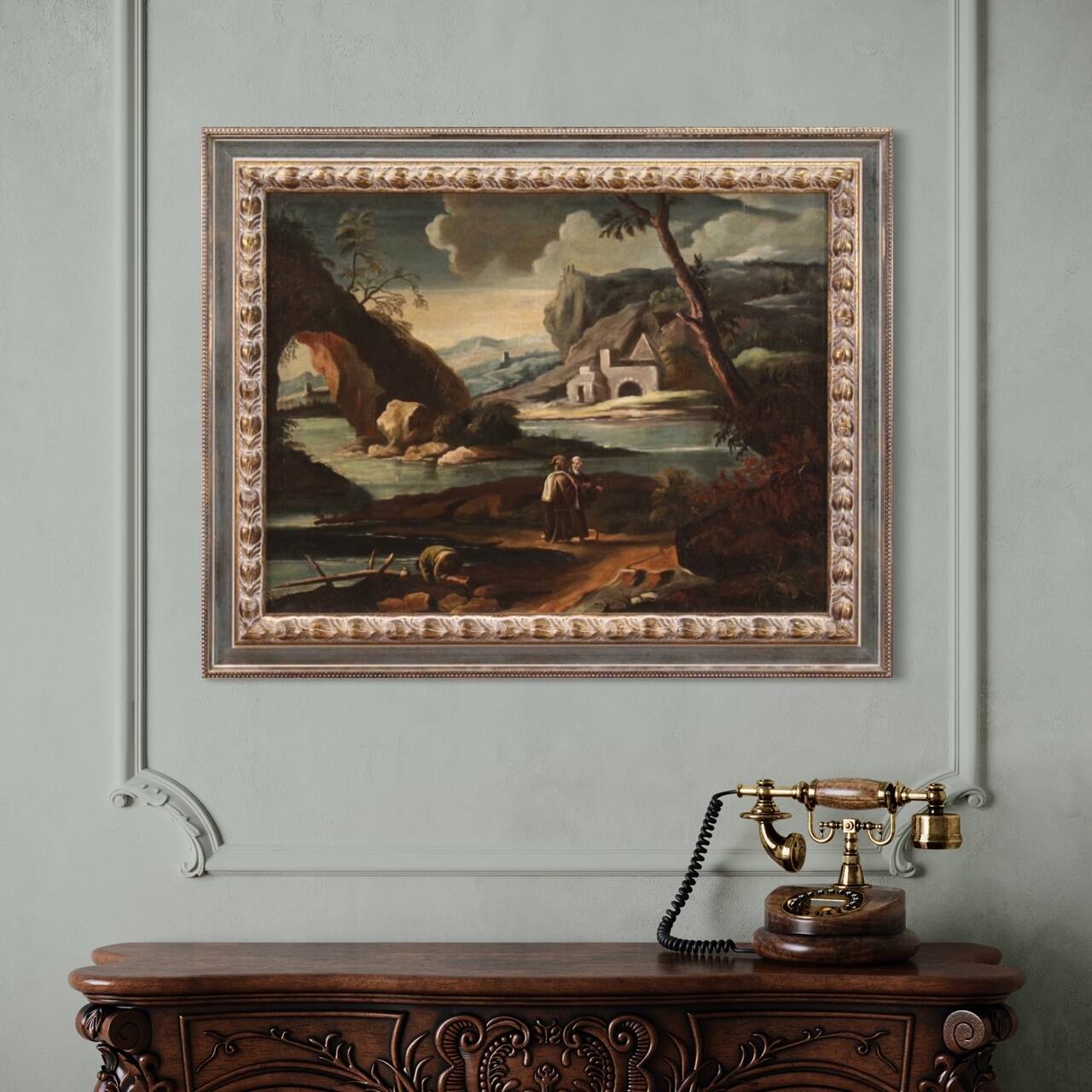 Antique painting landscape with characters from 18th century