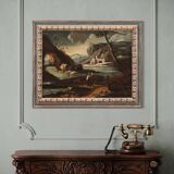 Antique painting landscape with characters from 18th century