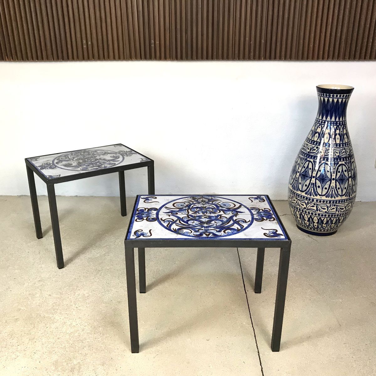Italian ceramic tiles & steel side tables or nightstands, 1970s, set of 2