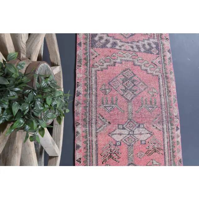 Vintage Turkish Oushak handmade wool cotton pink runner rug 84x379