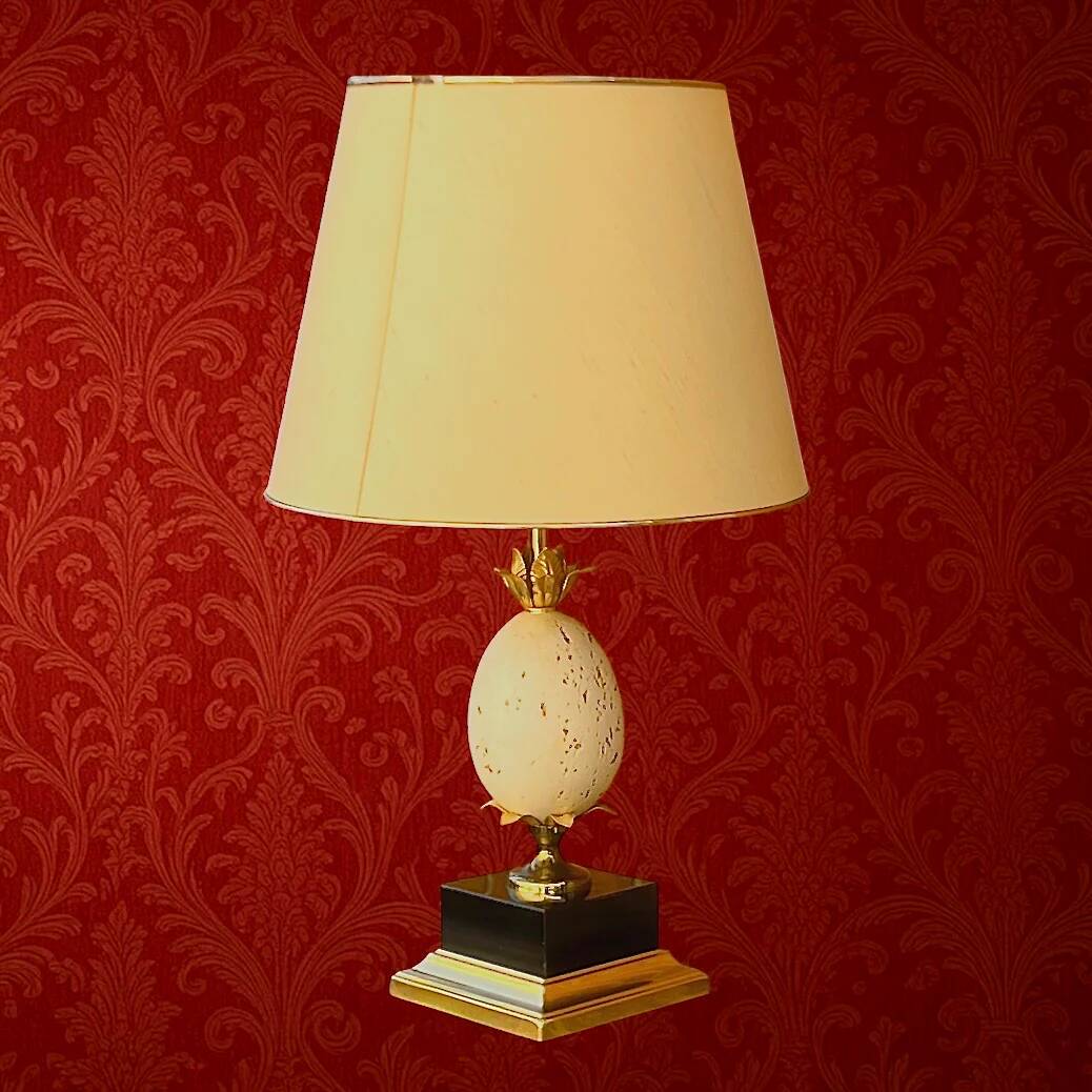 Vintage ostrich egg lamp travertine brass 1970s Maison Charles style