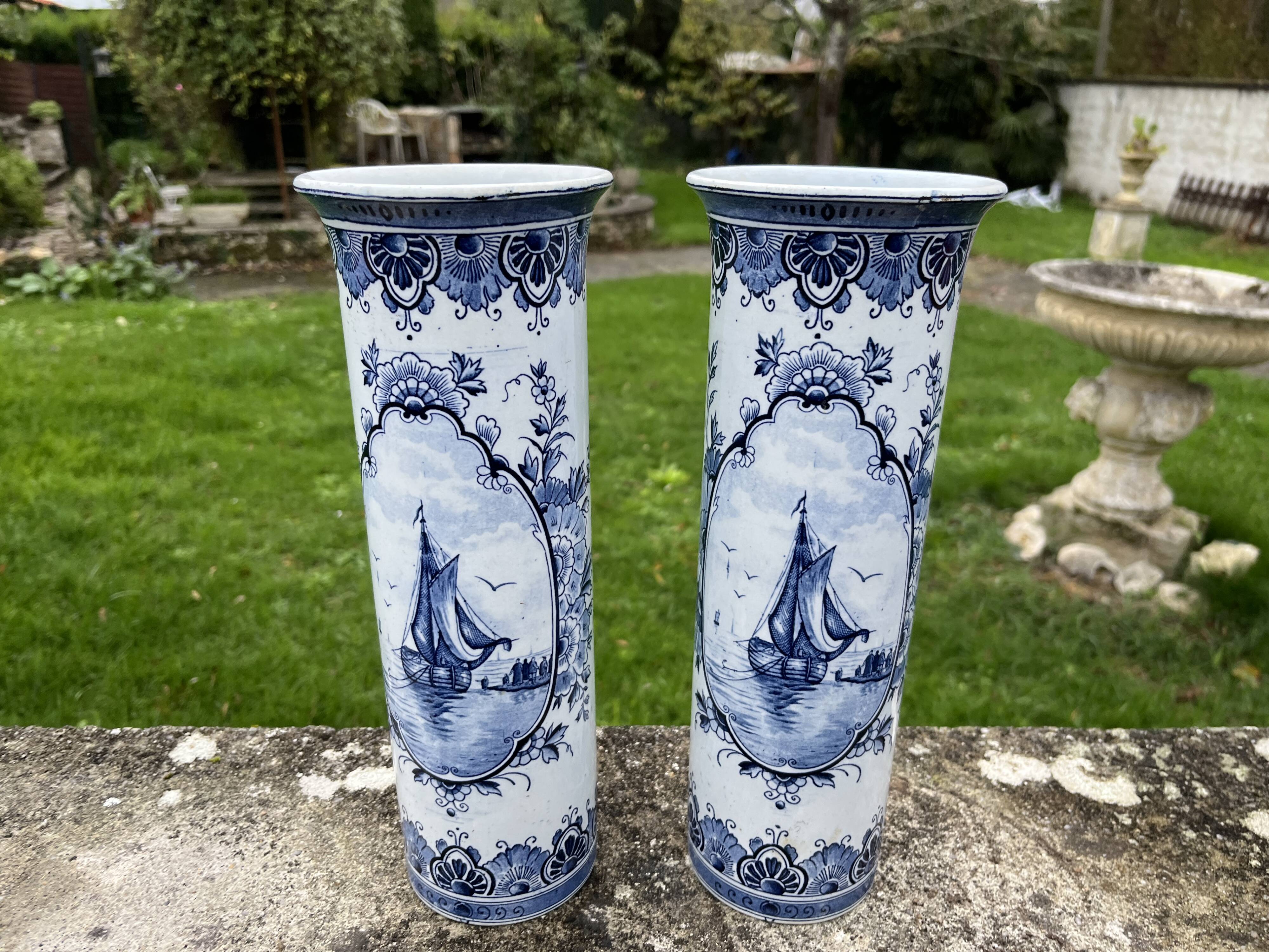 Pair of Delft vases with blue marine decoration