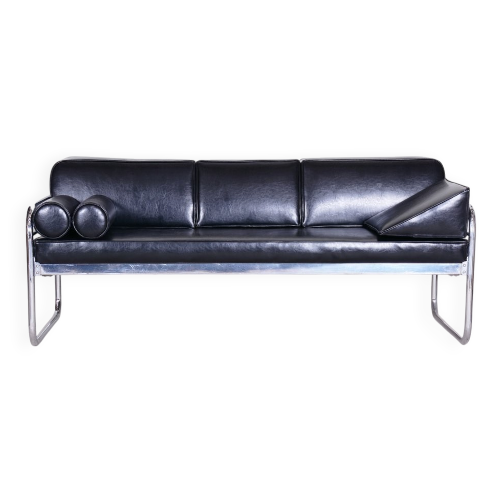 Sofa in Chrome-Plated Tubular Steel and Black Leather attributed to Hynek Gottwald, Former Czechoslovakia, 1930s
