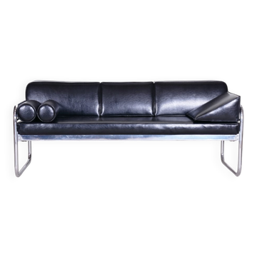 Sofa in Chrome-Plated Tubular Steel and Black Leather attributed to Hynek Gottwald, Former Czechoslovakia, 1930s