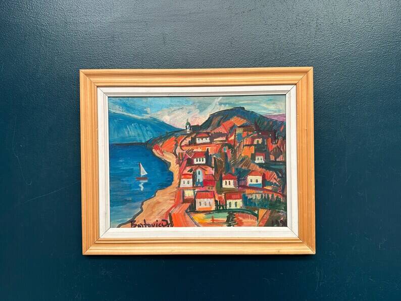 Original Swedish Oil on Panel – “Coastal Town” by Bartovicz 71 – Vintage & Framed – 51 × 41 cm (20" x 16.1")