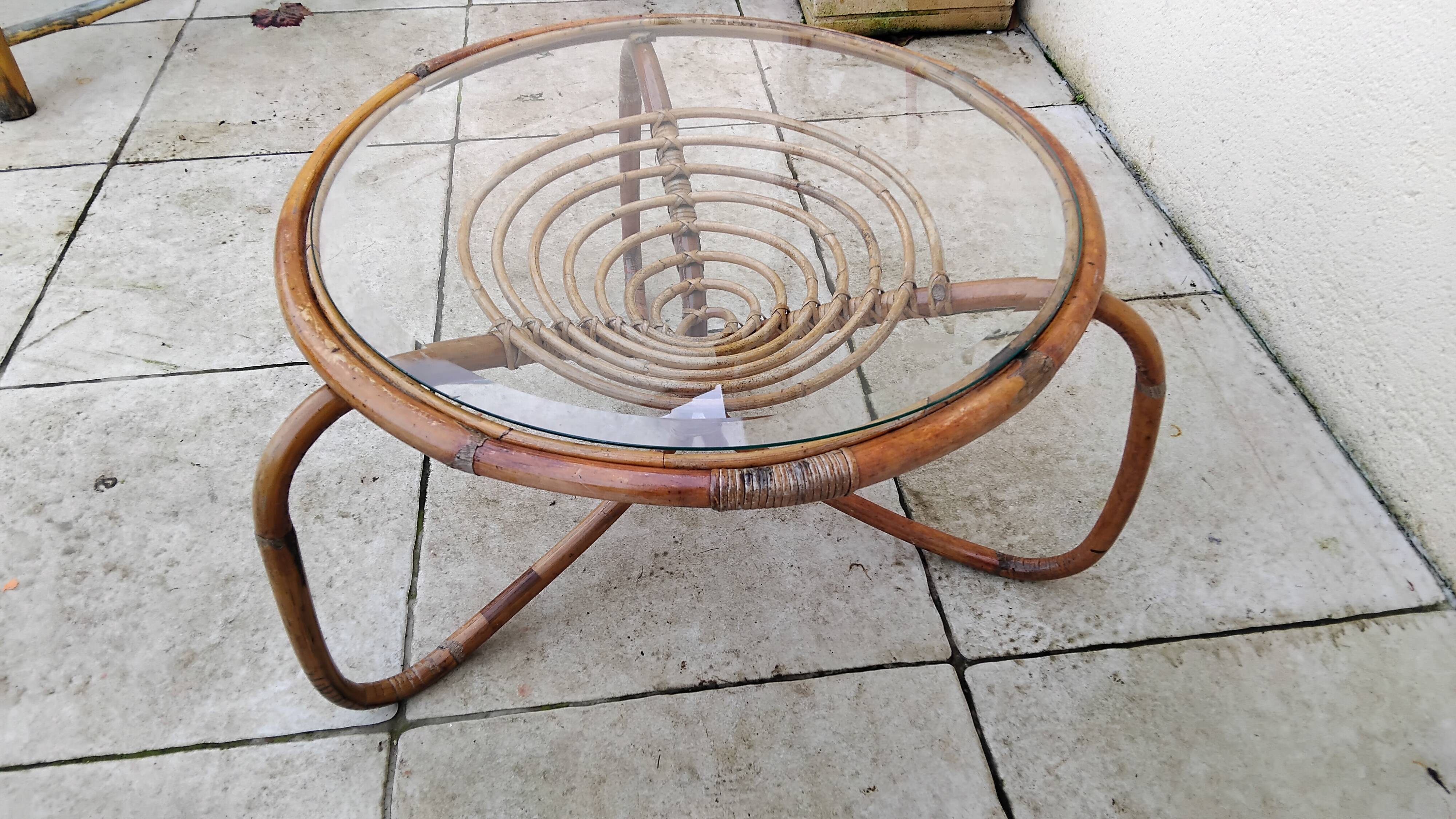 Vintage wicker and glass coffee table