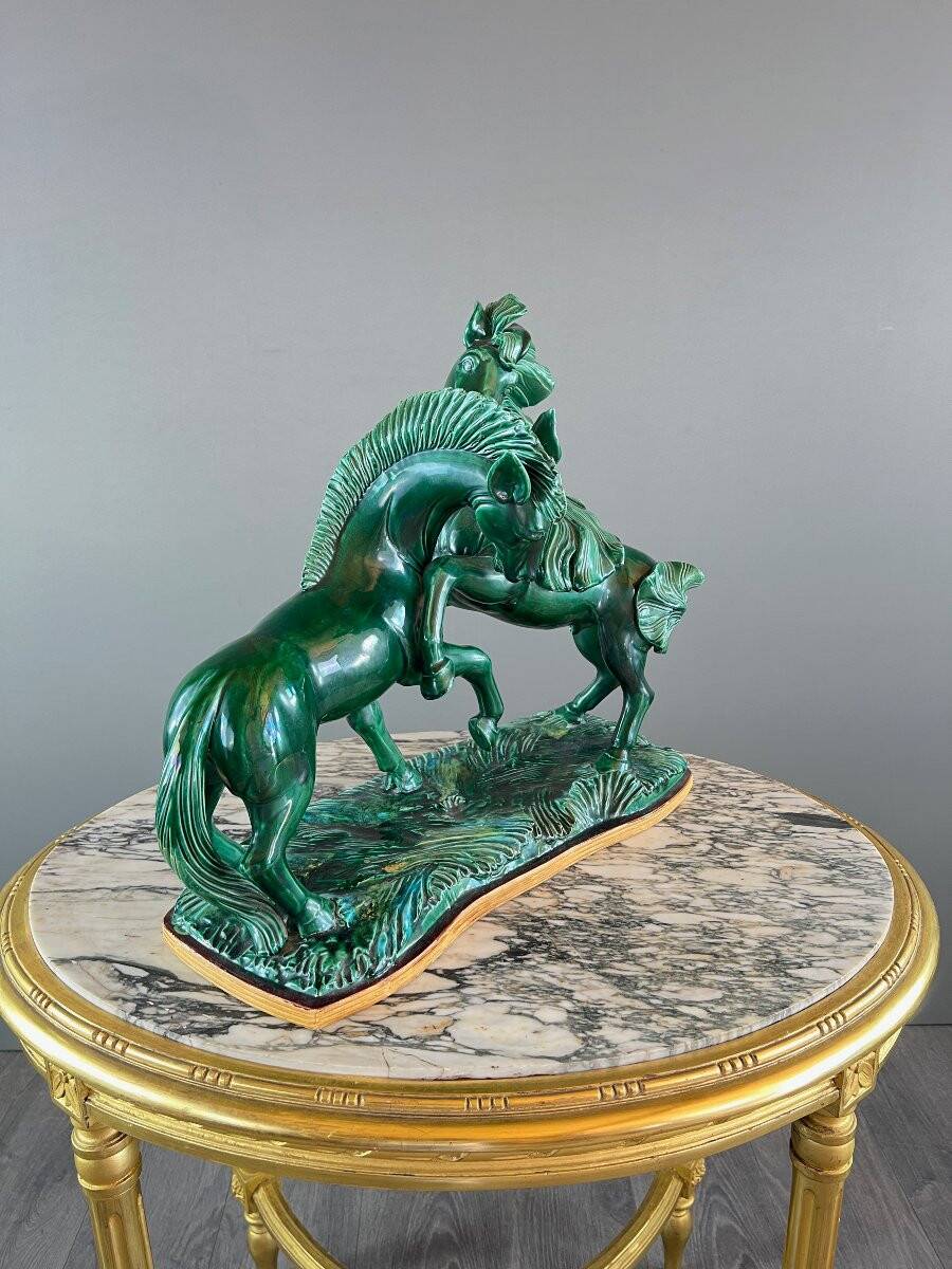 Glazed Ceramic Sculpture, Two Horses, Signed R. Prunet, 20th Century