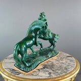 Glazed Ceramic Sculpture, Two Horses, Signed R. Prunet, 20th Century