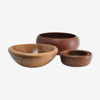 Three vintage teak solid wood bowls