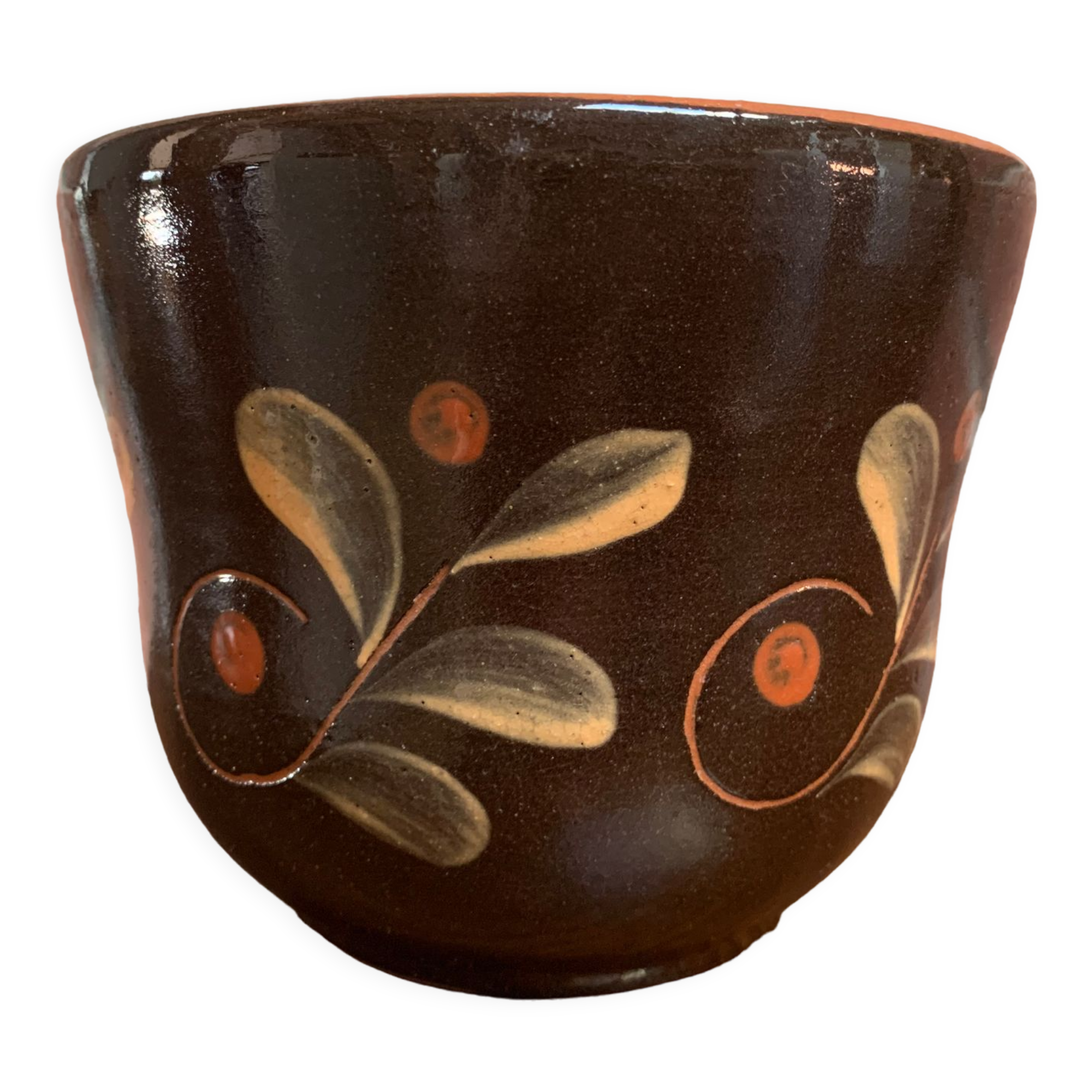 Dark Brown East German Planter with Floral Motif in the Style of Khokhloma