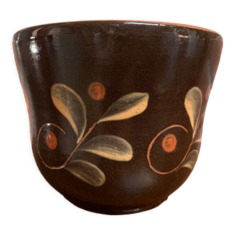 Dark Brown East German Planter with Floral Motif in the Style of Khokhloma