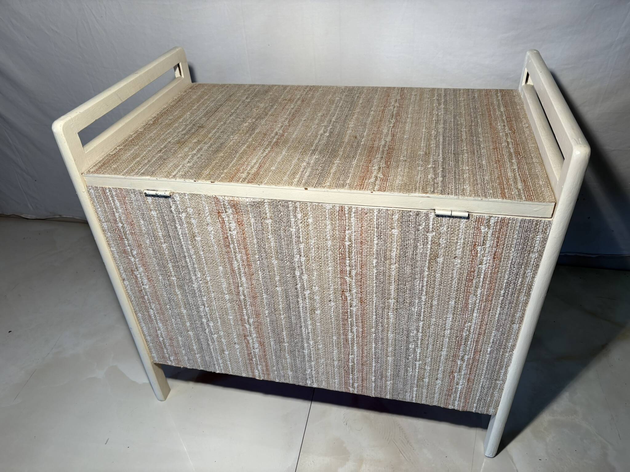 Vintage upholstered chest, white lacquered wooden structure, 1960s-70s