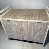 Vintage upholstered chest, white lacquered wooden structure, 1960s-70s