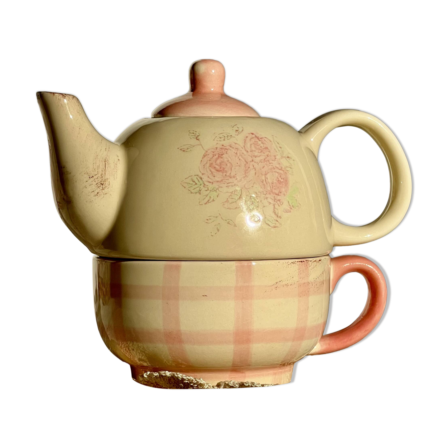 Vintage porcelain teapot and cup set with pink and beige floral and gingham pattern