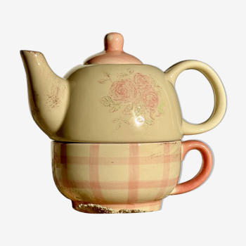 Ensemble théière et tasse vintage porcelaine motif fleuri et vichy rose et beige